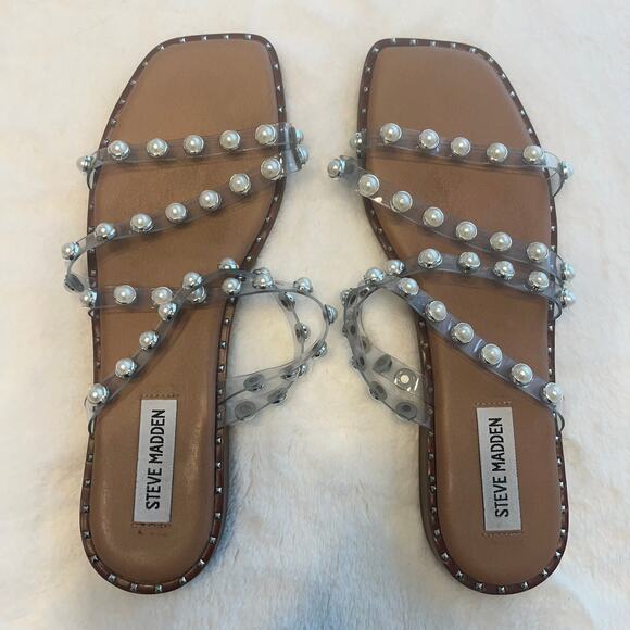 Steve Madden Women’s Skyler-P Pearl Studded Flat Sandals Size 9 Coastal Resort - Picture 1 of 3